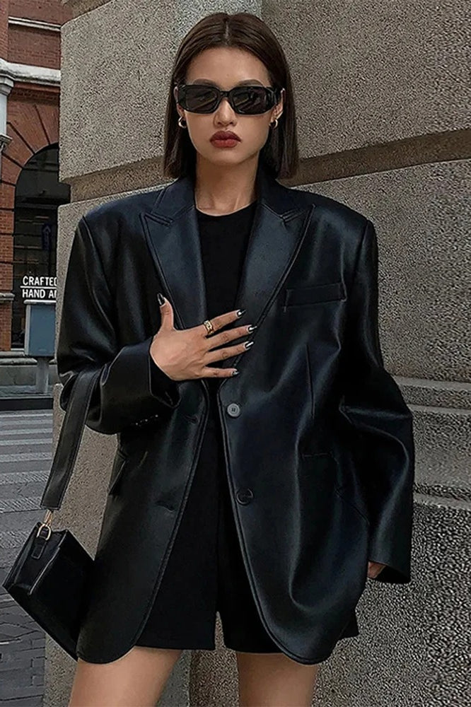 Black PU Leather Blazer Jacket - Image 7