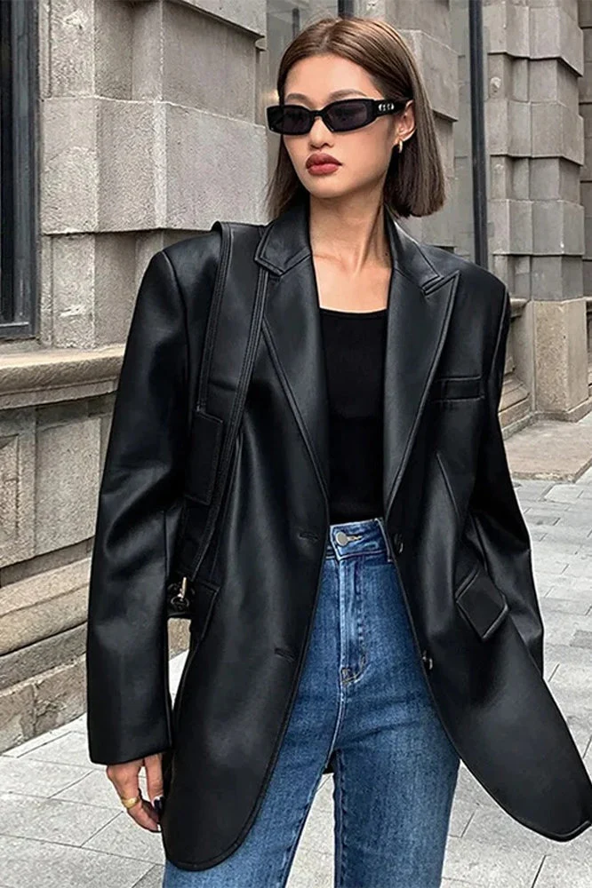 Black PU Leather Blazer Jacket - Image 8