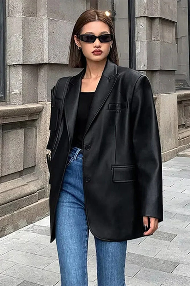 Black PU Leather Blazer Jacket - Image 9