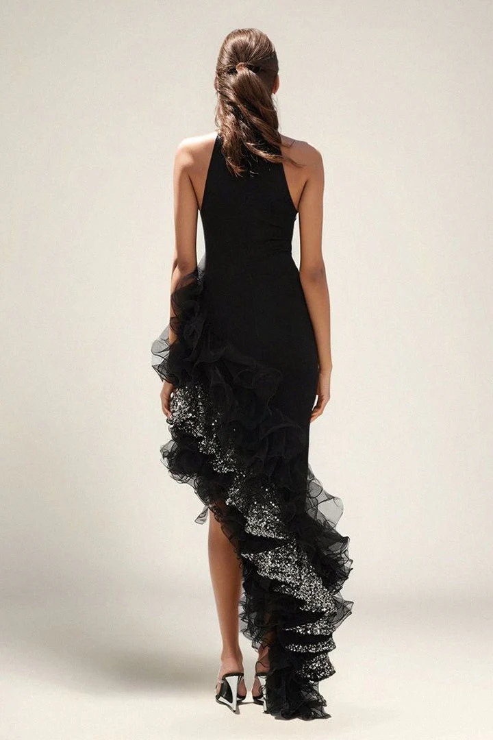 Black Ruffled Mesh Asymmetrical Party Dress - Image 2