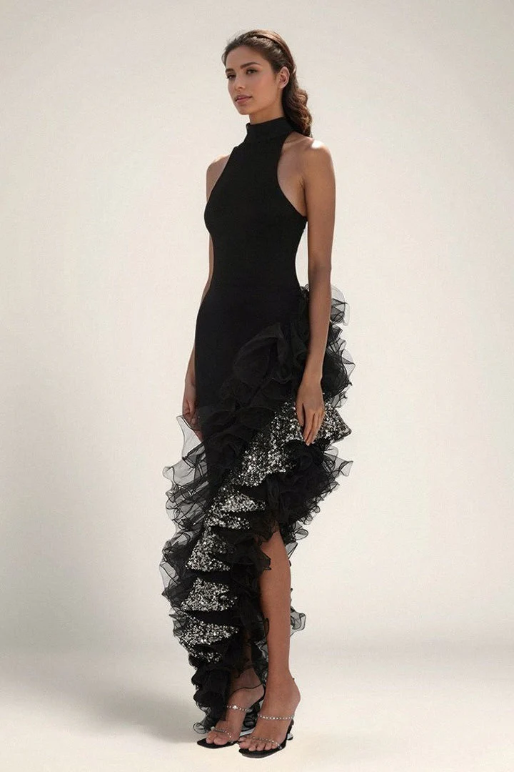 Black Ruffled Mesh Asymmetrical Party Dress - Image 3