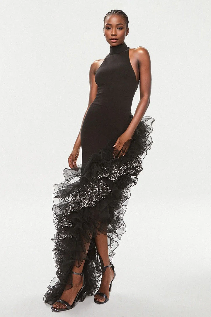 Black Ruffled Mesh Asymmetrical Party Dress - Image 5