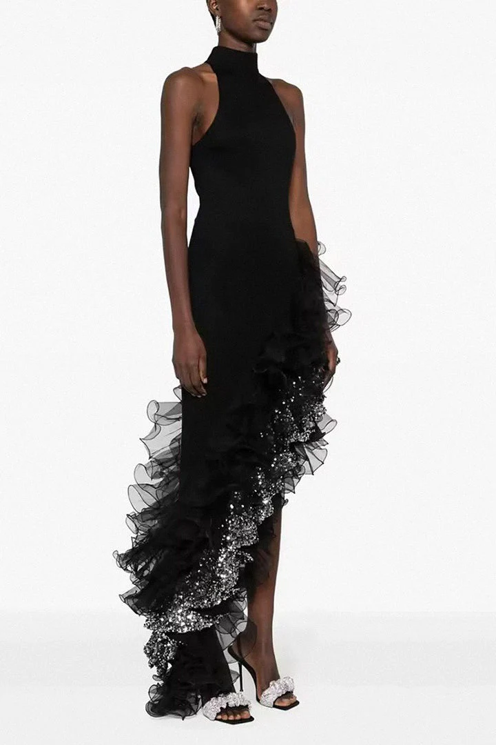 Black Ruffled Mesh Asymmetrical Party Dress - Image 6