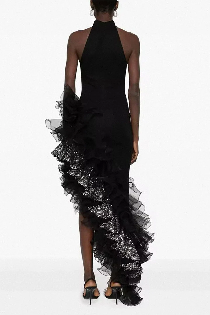 Black Ruffled Mesh Asymmetrical Party Dress - Image 7