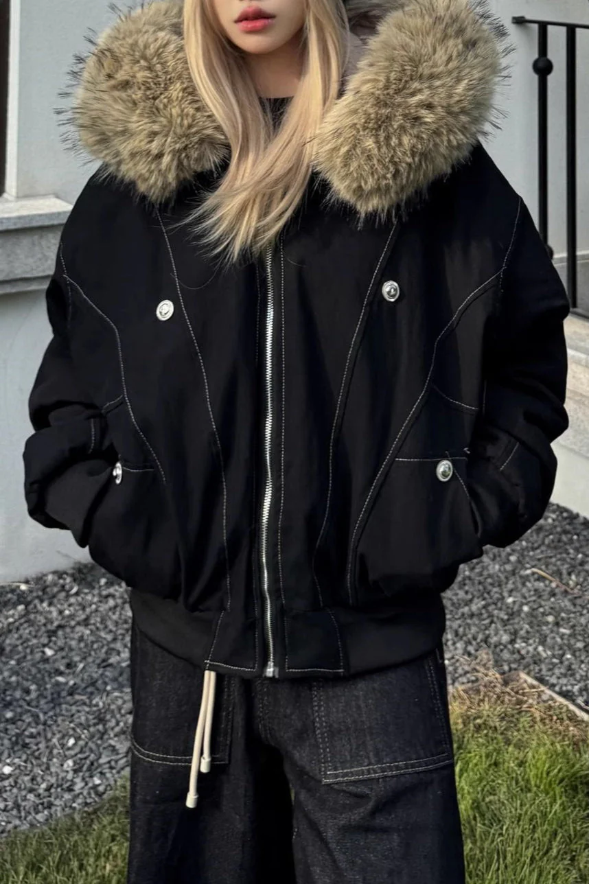Black Short Puffer Fur Collar Jacket