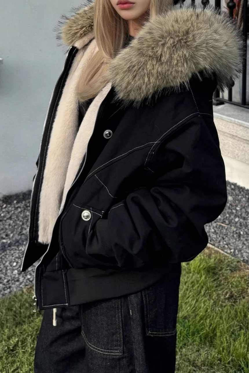 Black Short Puffer Fur Collar Jacket - Image 2