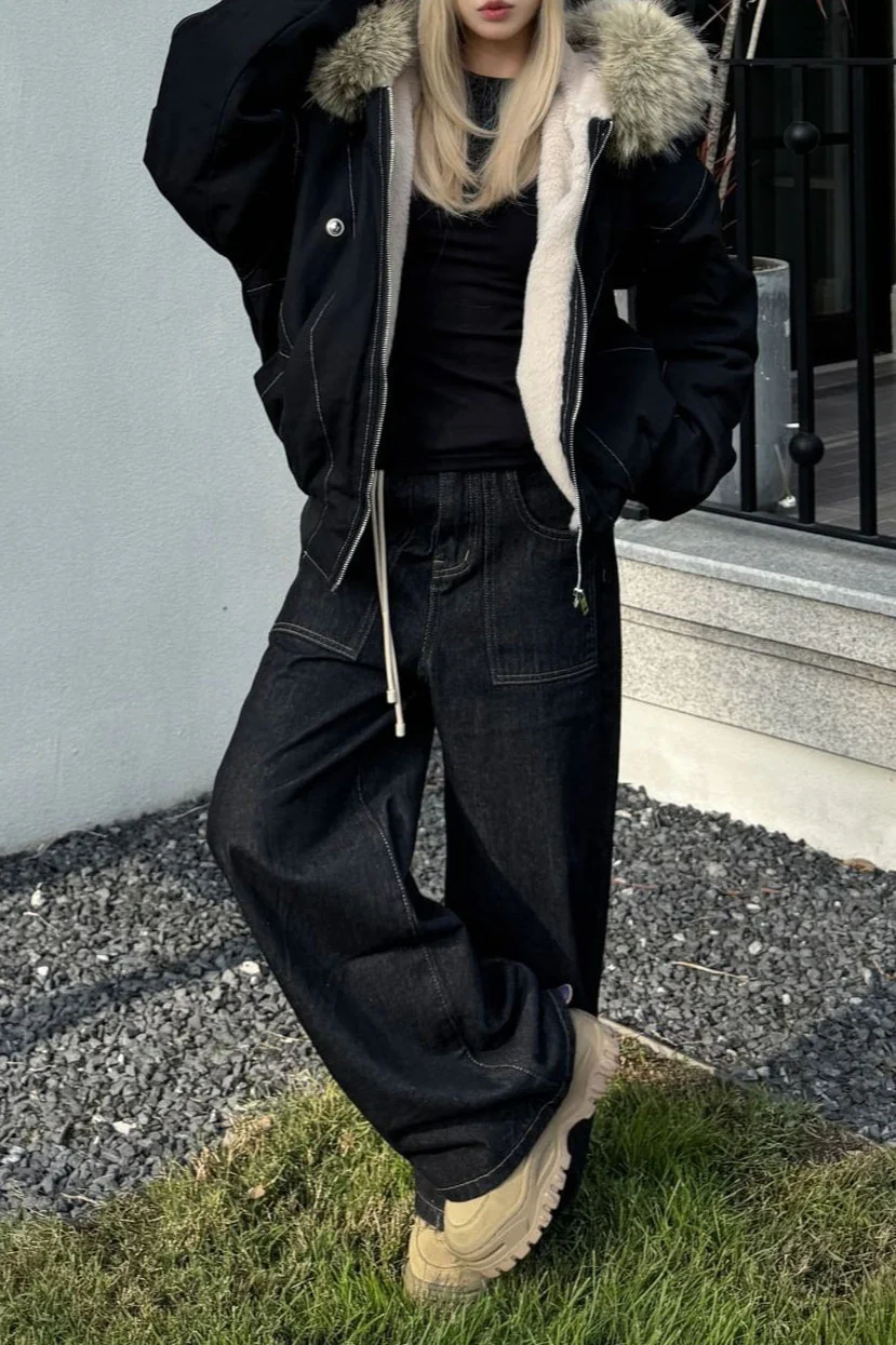 Black Short Puffer Fur Collar Jacket - Image 3