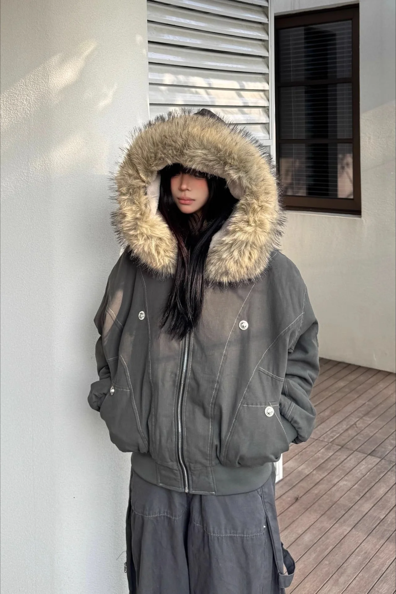 Black Short Puffer Fur Collar Jacket - Image 4