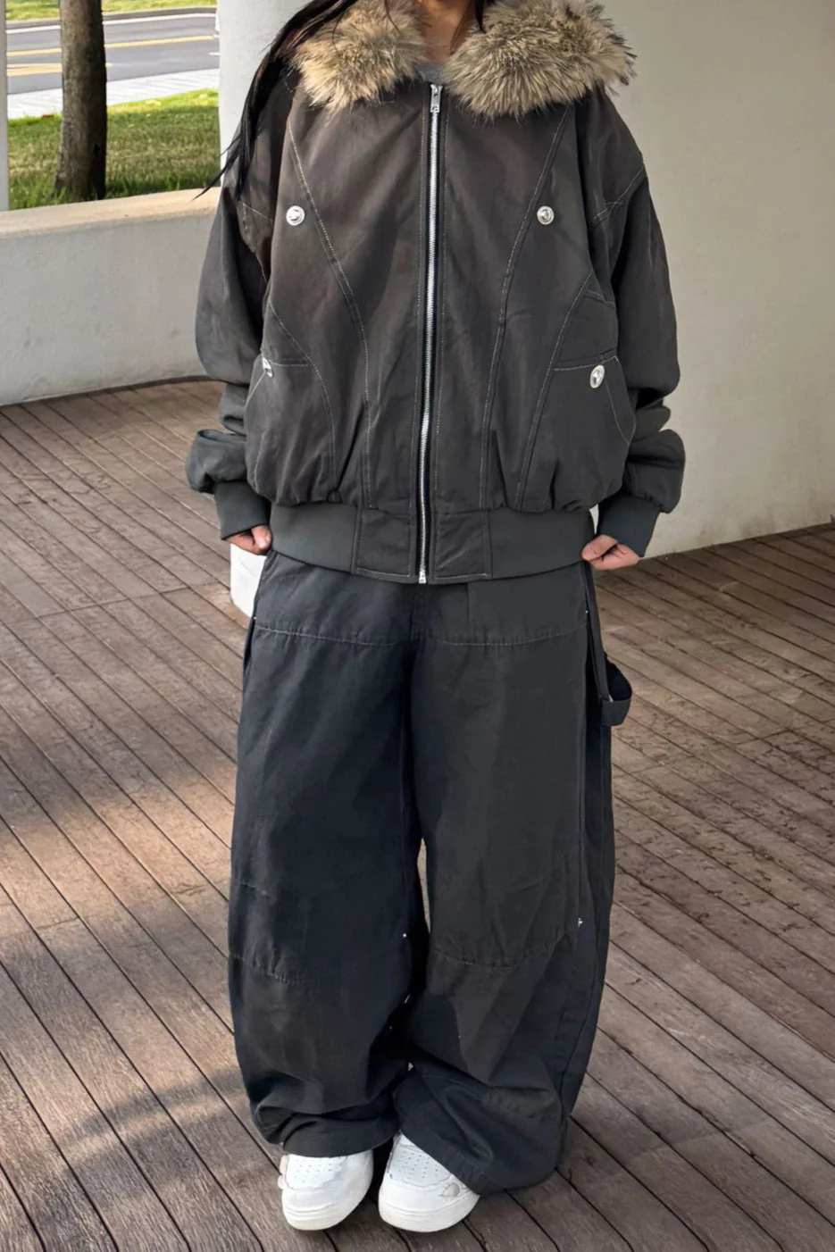 Black Short Puffer Fur Collar Jacket - Image 6