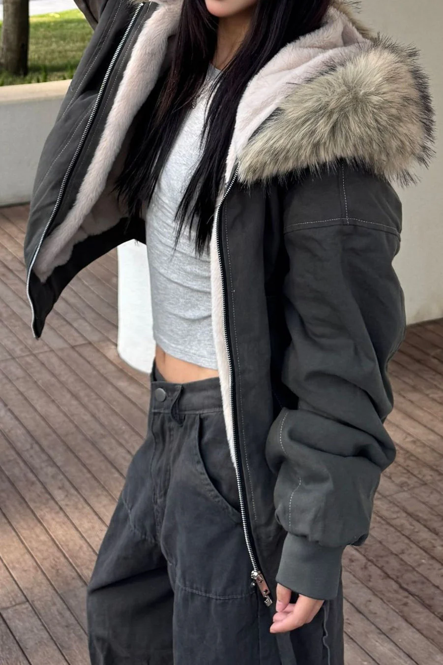 Black Short Puffer Fur Collar Jacket - Image 7