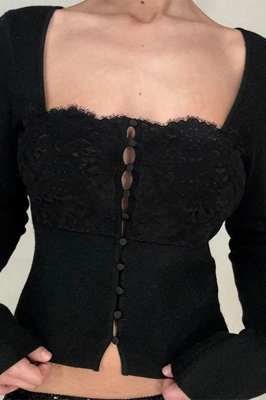Black Square Neck Buttoned Cardigan - Image 4