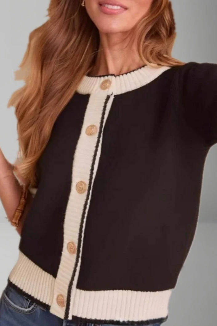 Black White Contrast Slim Cardigan - Image 4