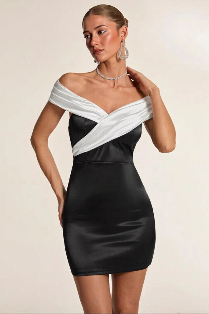 Black White Off Shoulder Party Dress - Image 2