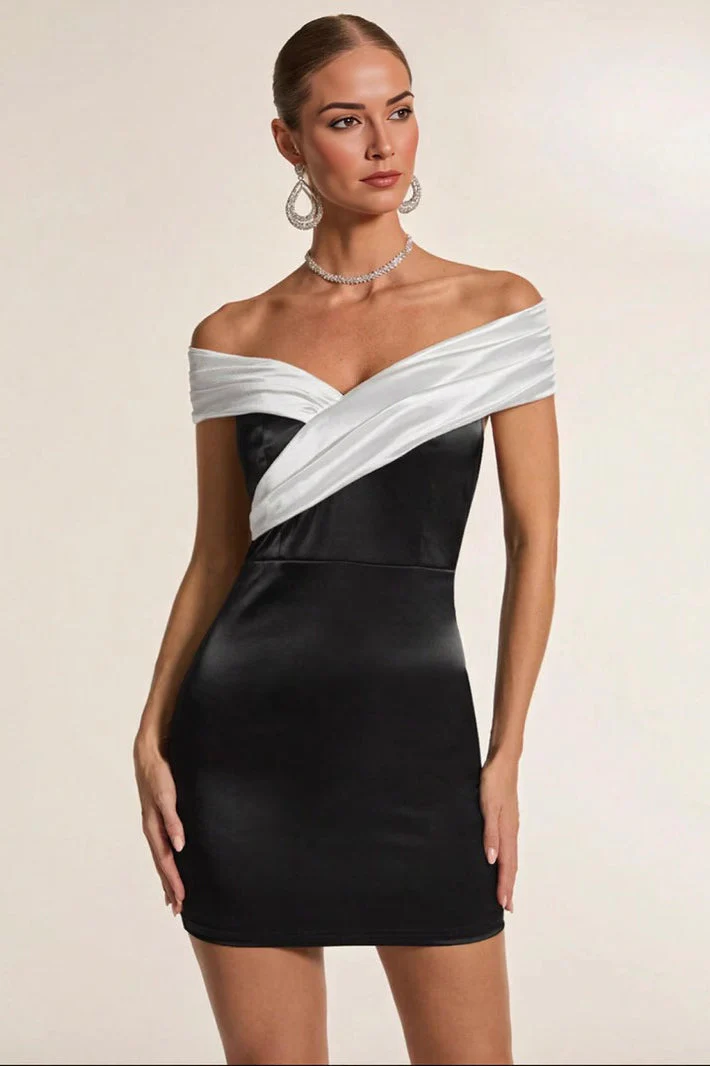 Black White Off Shoulder Party Dress - Image 3