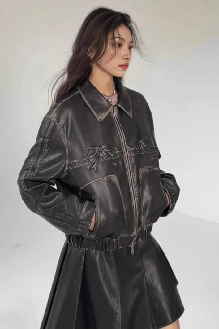 Bow Decor Faux Leather Moto Jacket - Image 2
