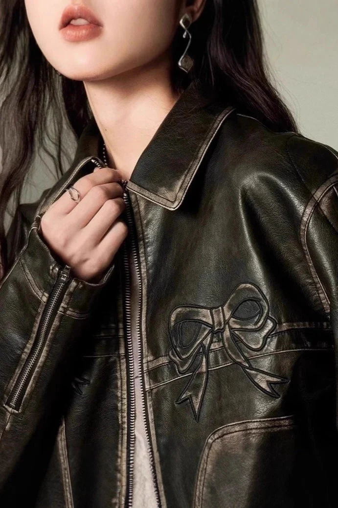 Bow Decor Faux Leather Moto Jacket - Image 3