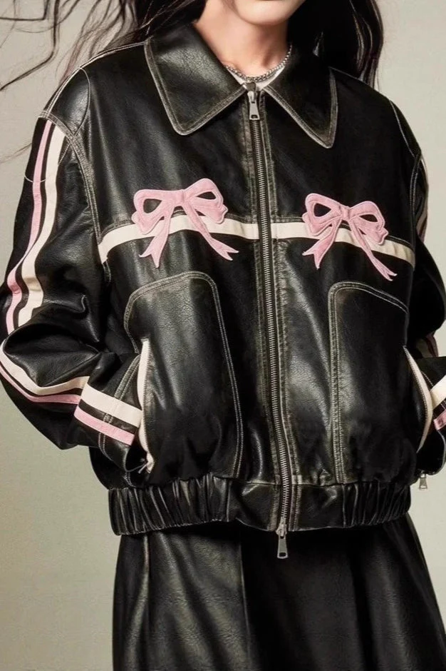Bow Decor Faux Leather Moto Jacket - Image 4