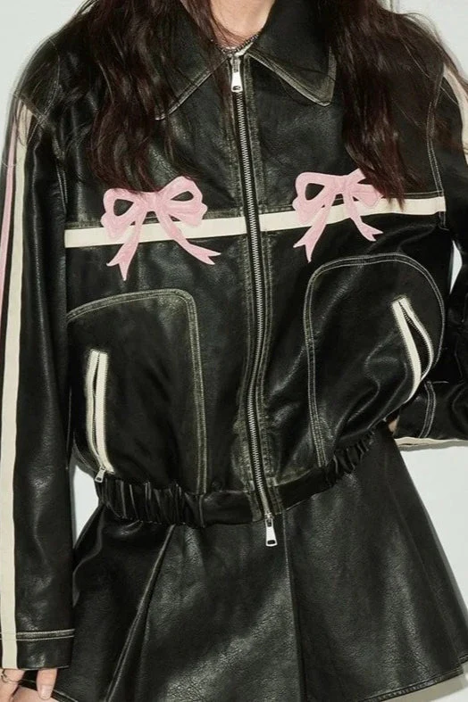 Bow Decor Faux Leather Moto Jacket - Image 5