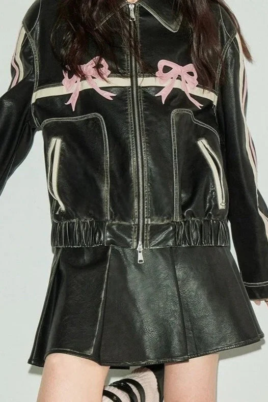 Bow Decor Faux Leather Moto Jacket - Image 6