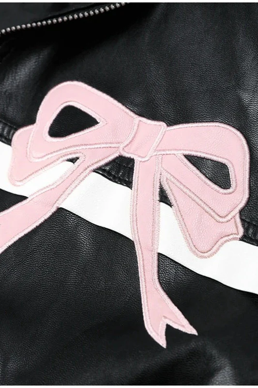 Bow Decor Faux Leather Moto Jacket - Image 7