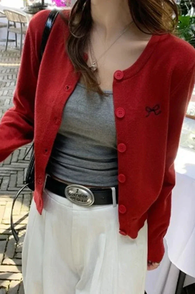 Bow Embroidered Knit Cardigan - Image 2
