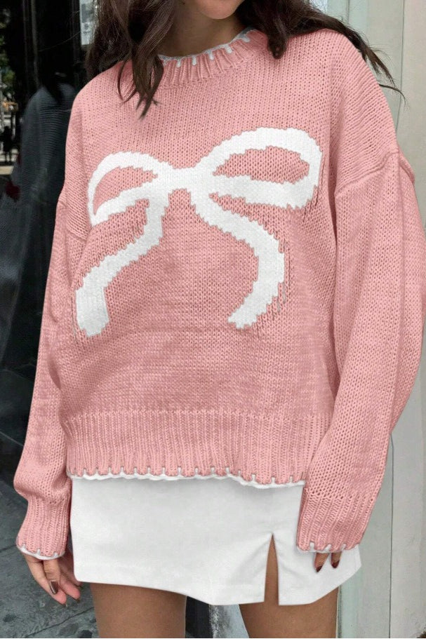 Bow Jacquard Knit Pullover Sweater - Image 11