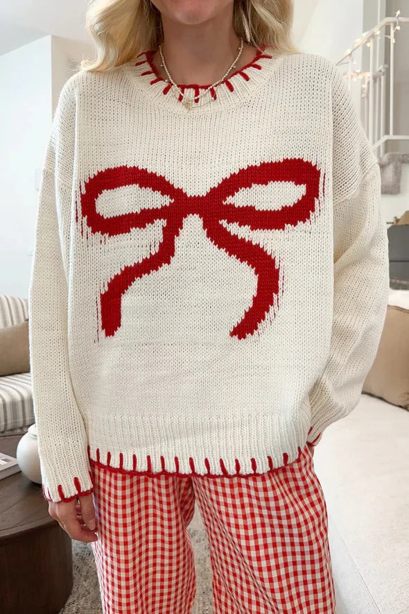 Bow Jacquard Knit Pullover Sweater - Image 2
