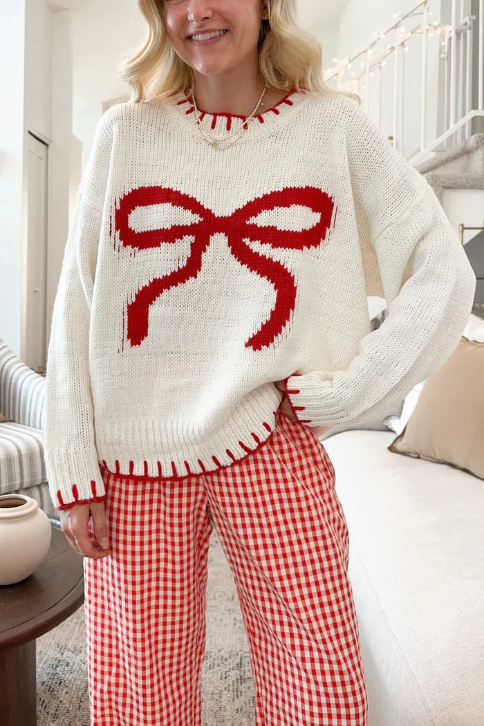 Bow Jacquard Knit Pullover Sweater - Image 30