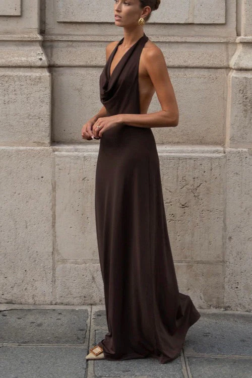 Brown Halter Backless Maxi Party Dress - Image 2