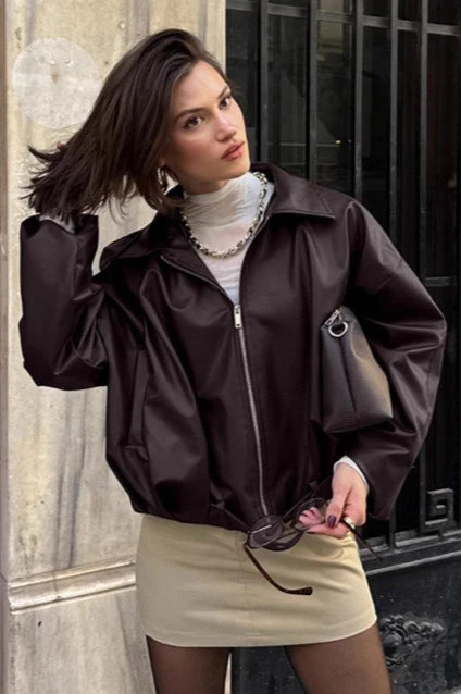 Brown Retro Biker Leather Jacket - Image 2