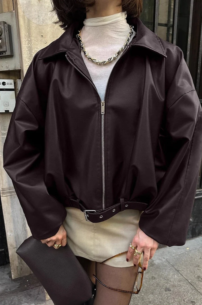 Brown Retro Biker Leather Jacket - Image 4