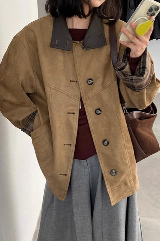 Brown Stand Collar Plaid Suede Jacket - Image 2