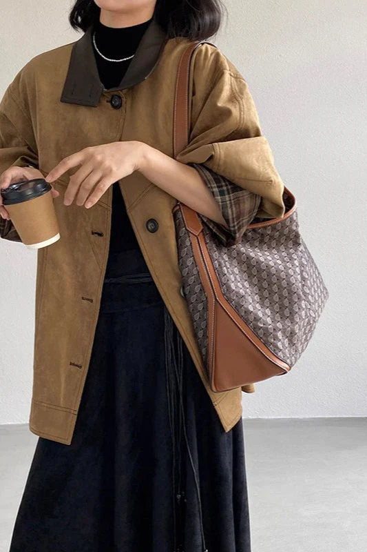 Brown Stand Collar Plaid Suede Jacket - Image 3