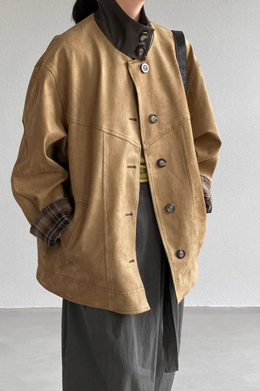 Brown Stand Collar Plaid Suede Jacket - Image 4