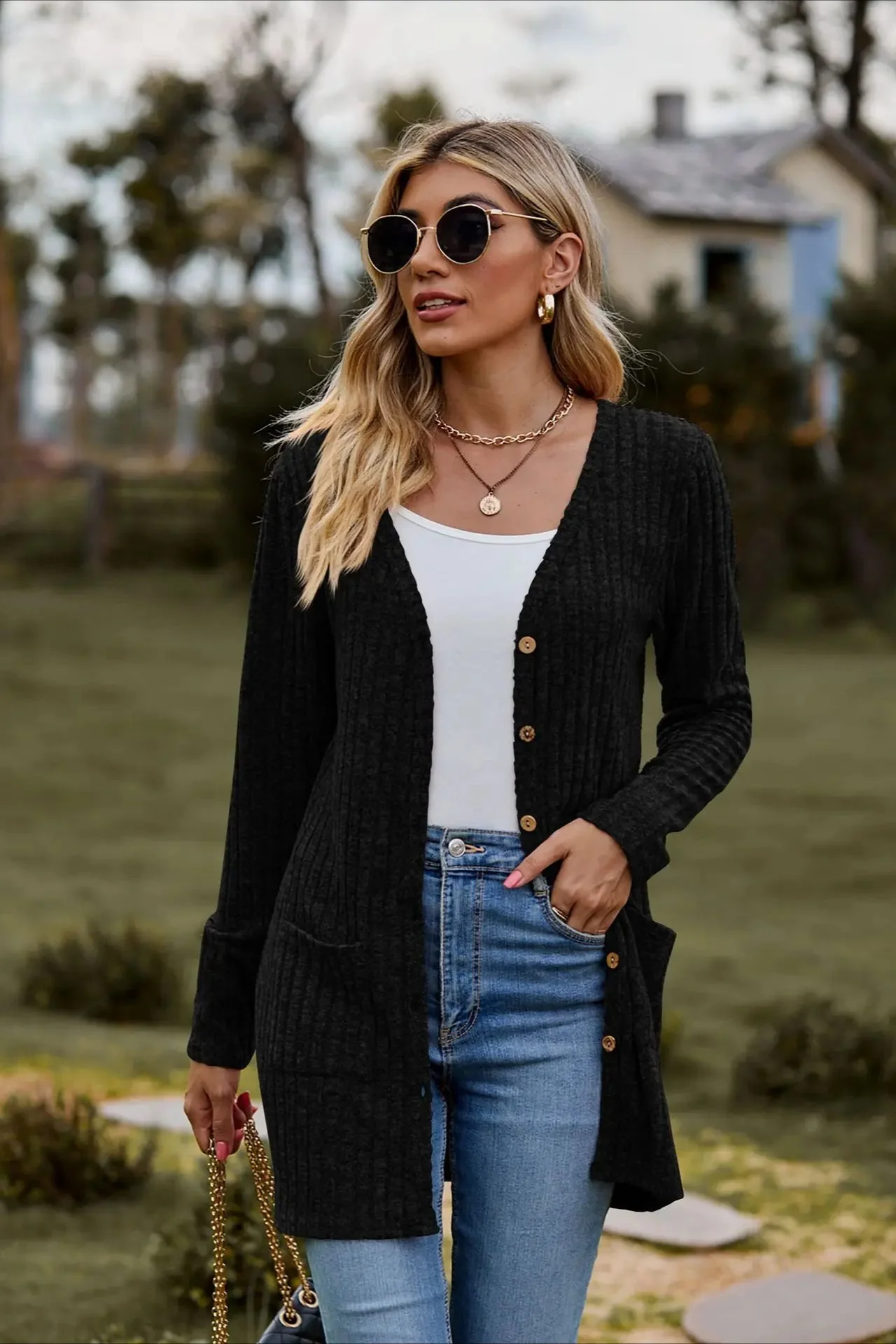 Brushed Ribbed Long Sleeve Cardigan - Image 2