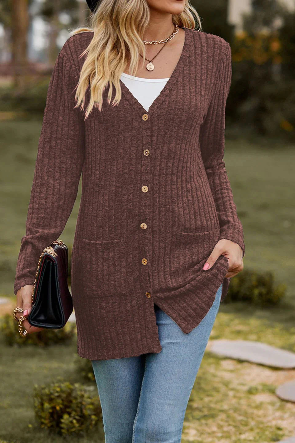 Brushed Ribbed Long Sleeve Cardigan - Image 20