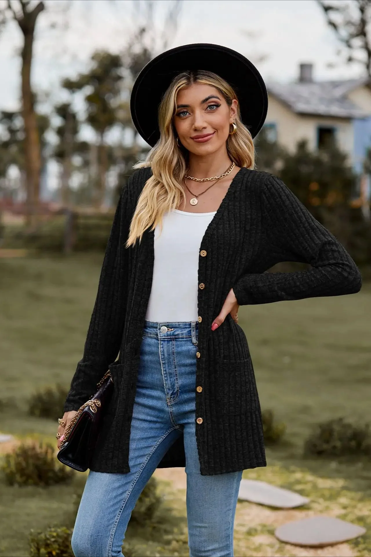 Brushed Ribbed Long Sleeve Cardigan - Image 3