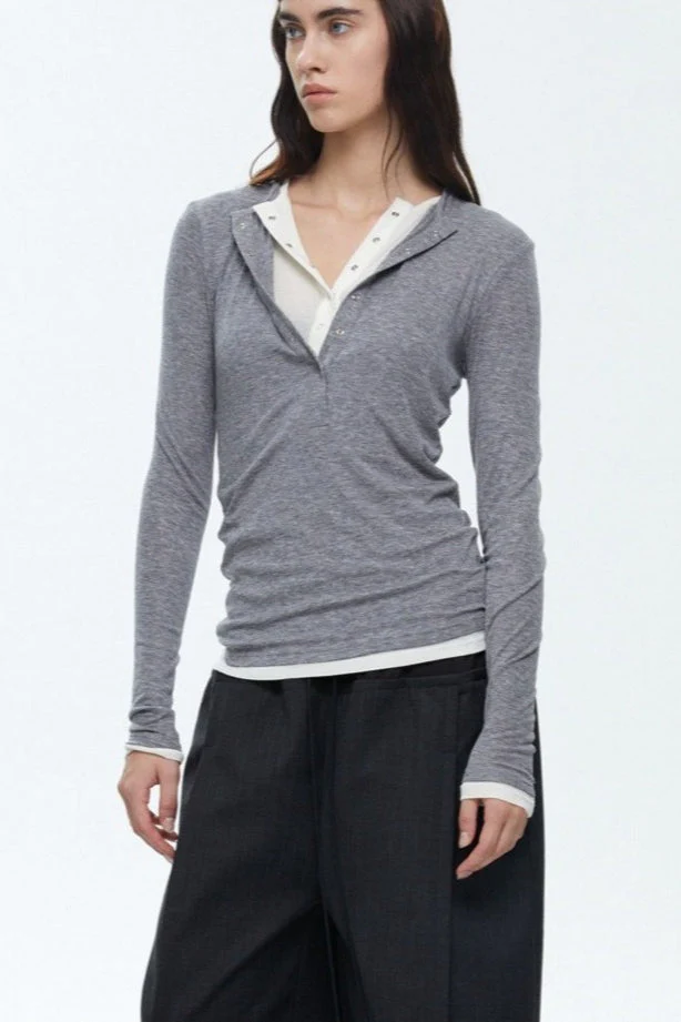 Button Detail Layered Long Sleeve Knit Top - Image 2