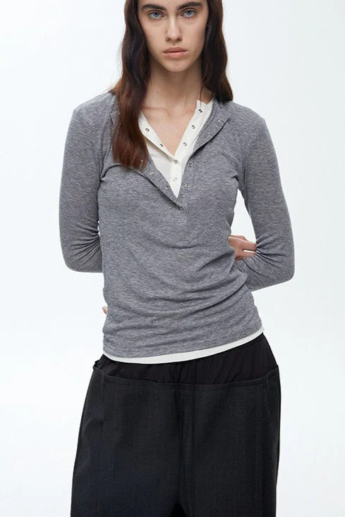 Button Detail Layered Long Sleeve Knit Top - Image 3