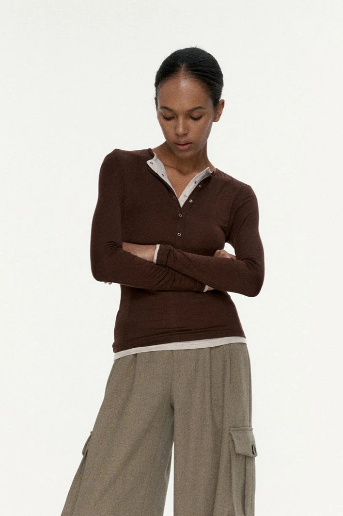Button Detail Layered Long Sleeve Knit Top - Image 4
