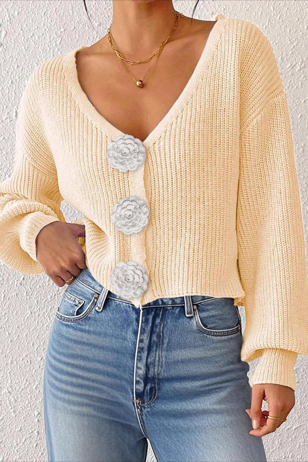Button Front Crochet Knit Crop Sweater - Image 12