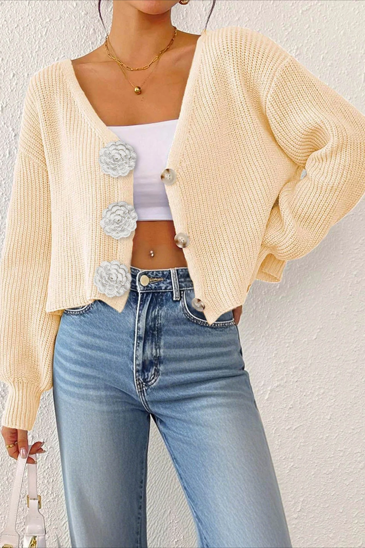 Button Front Crochet Knit Crop Sweater - Image 19