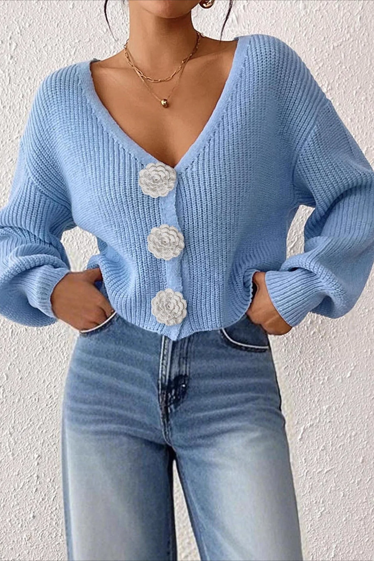 Button Front Crochet Knit Crop Sweater - Image 2