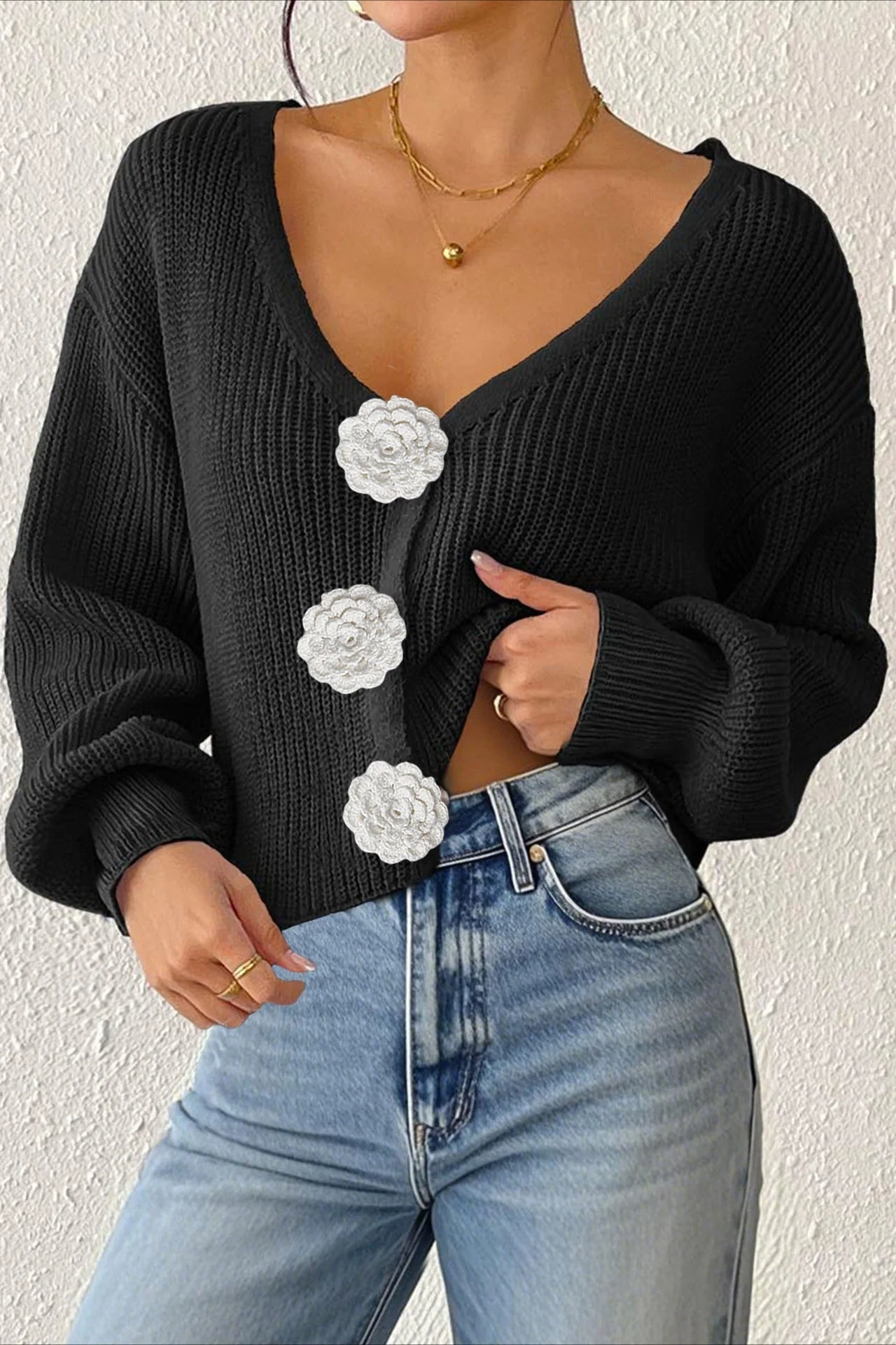 Button Front Crochet Knit Crop Sweater - Image 23