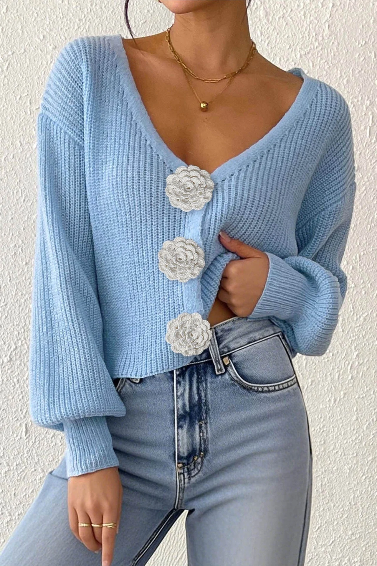Button Front Crochet Knit Crop Sweater - Image 29