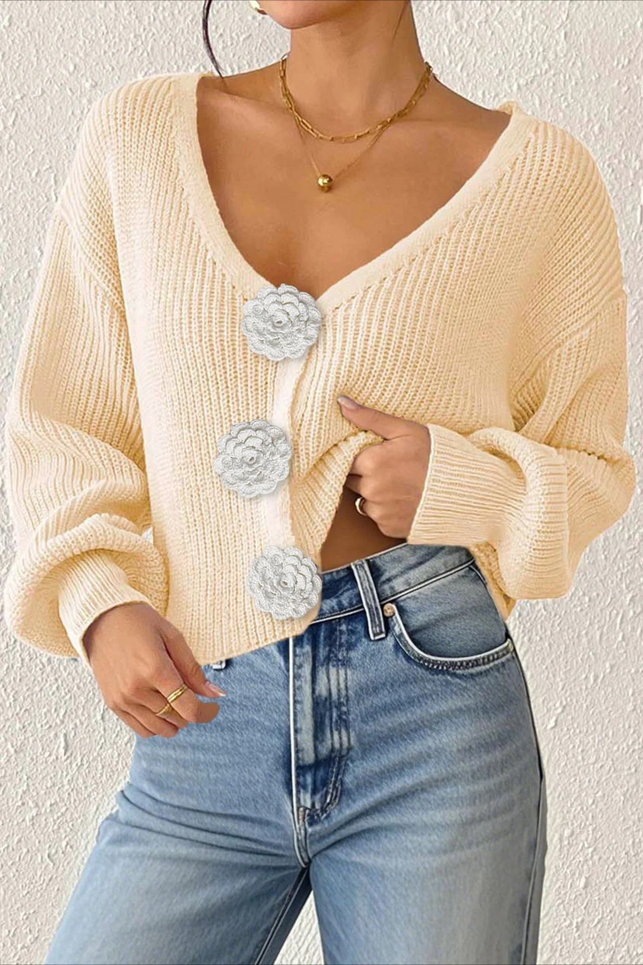 Button Front Crochet Knit Crop Sweater - Image 34