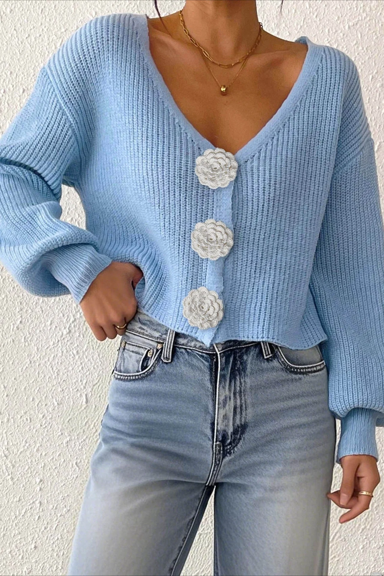 Button Front Crochet Knit Crop Sweater - Image 45
