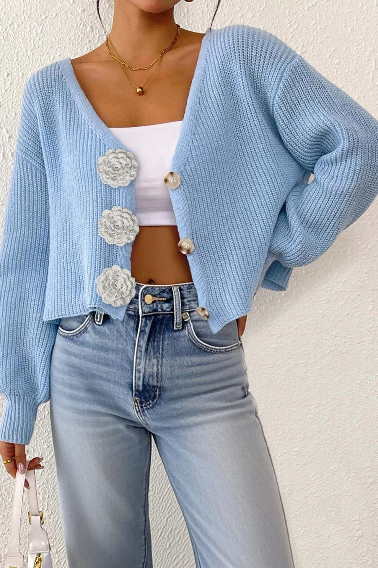 Button Front Crochet Knit Crop Sweater - Image 46