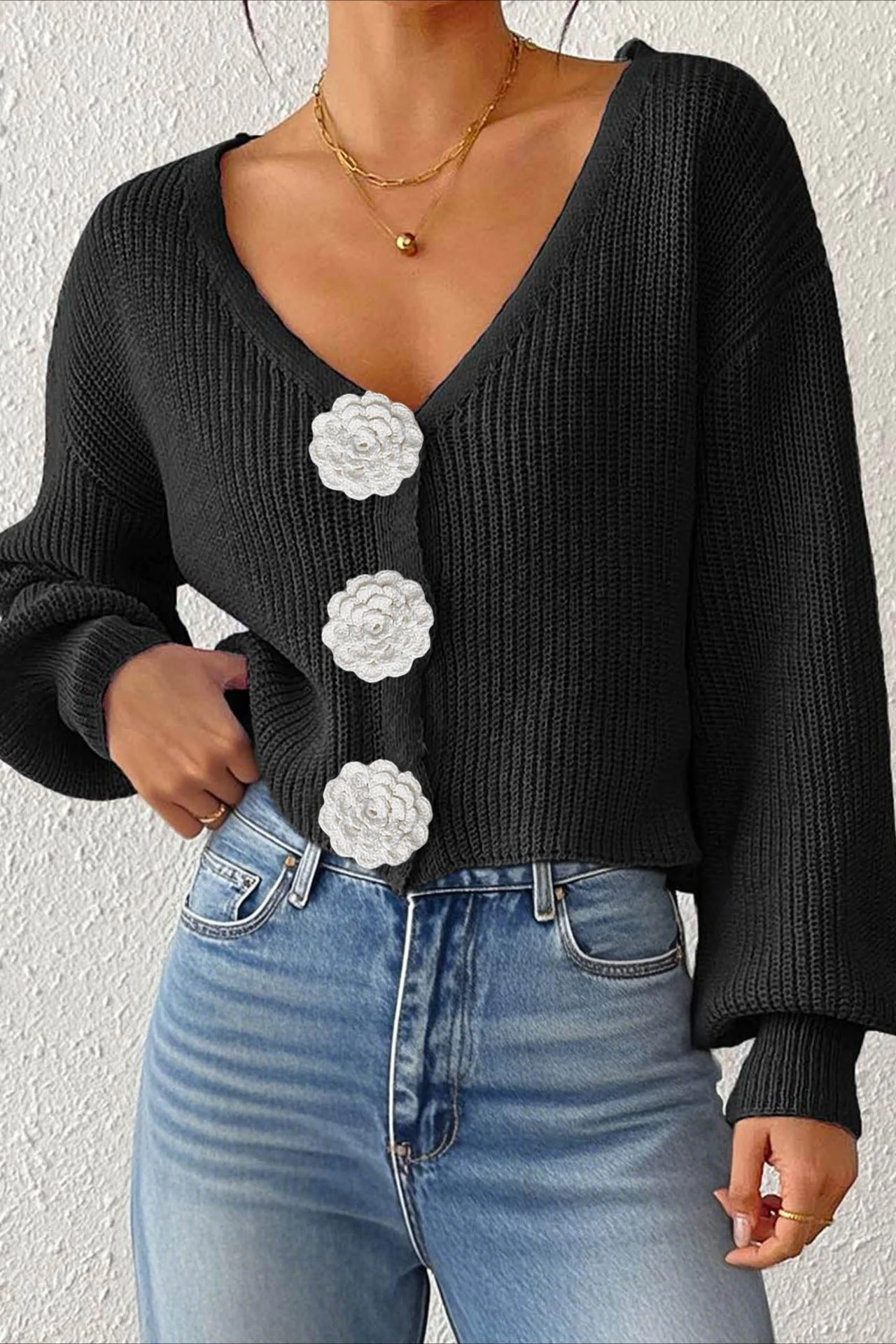Button Front Crochet Knit Crop Sweater - Image 8
