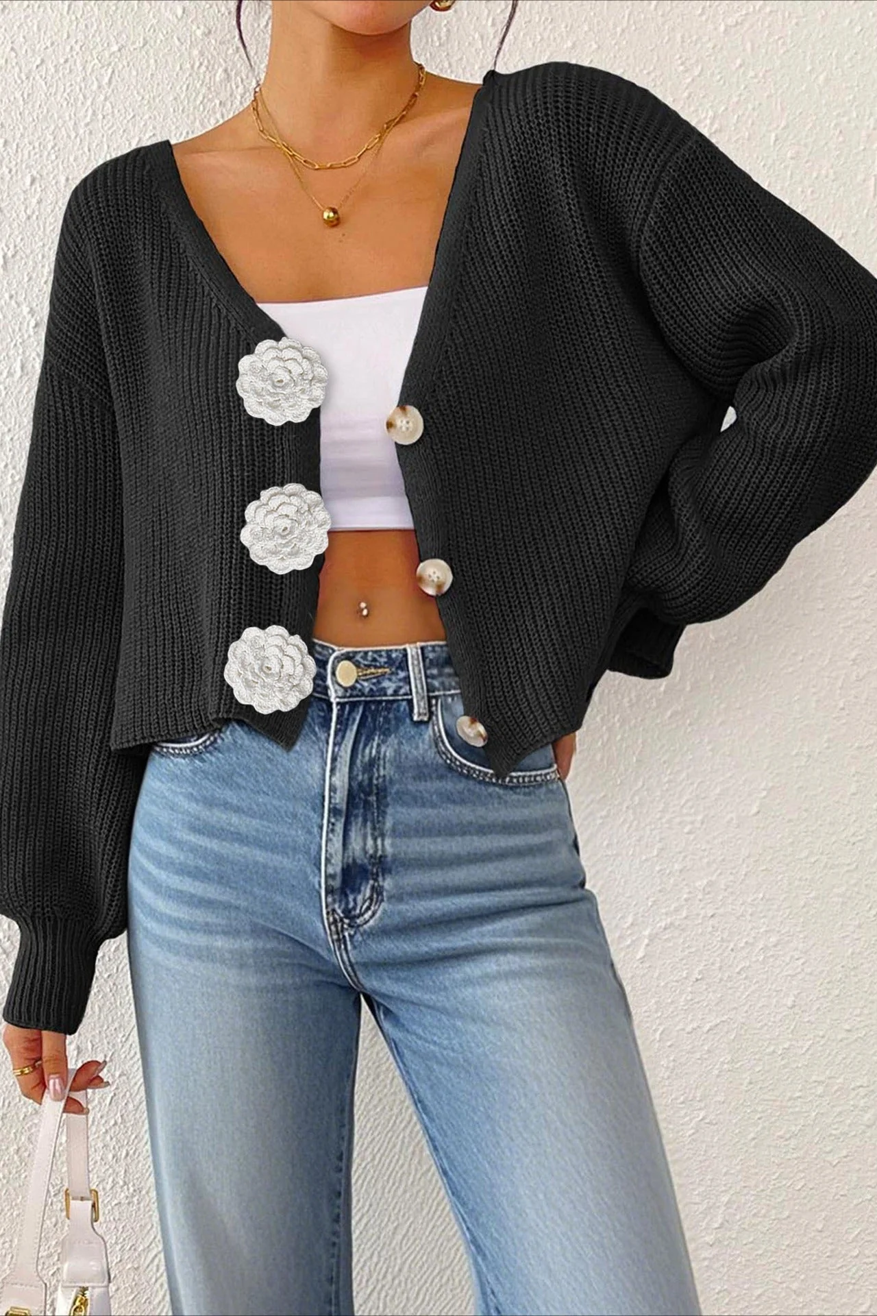 Button Front Crochet Knit Crop Sweater - Image 9